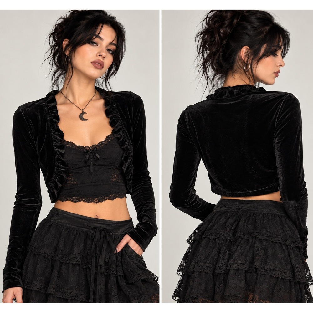 Goth Whimsigoth Dark Romantic Black Velvet Ruffle Shrug Cardigan Small